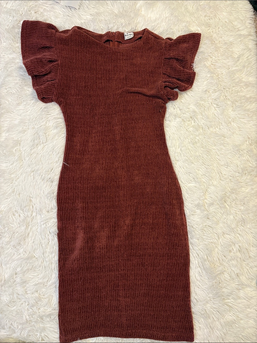 Angel Biba Rust Ribbed Ruffle Sleeve Mini Dress
